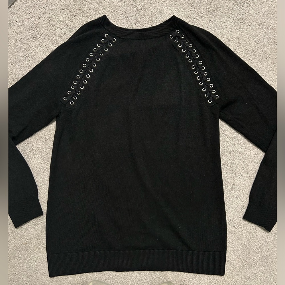 Aqua Black Lace-Up Eyelet Crewneck Sweater
